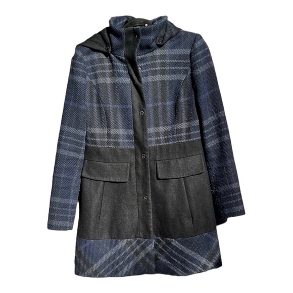 🌻GUESS Blue & Black Plaid Hooded Wool-Blend Trench Coat Jacket Size Medium - Picture 2 of 11